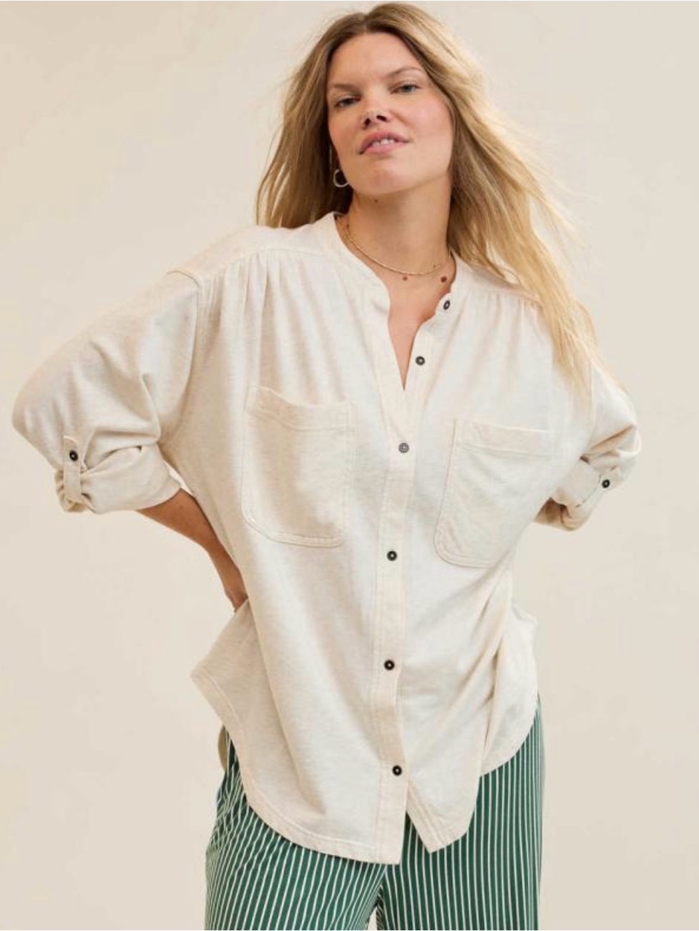 aerie Cream Roll with it Button-Front Pocket Shirt with Roll-Tab Sleeves- cotton